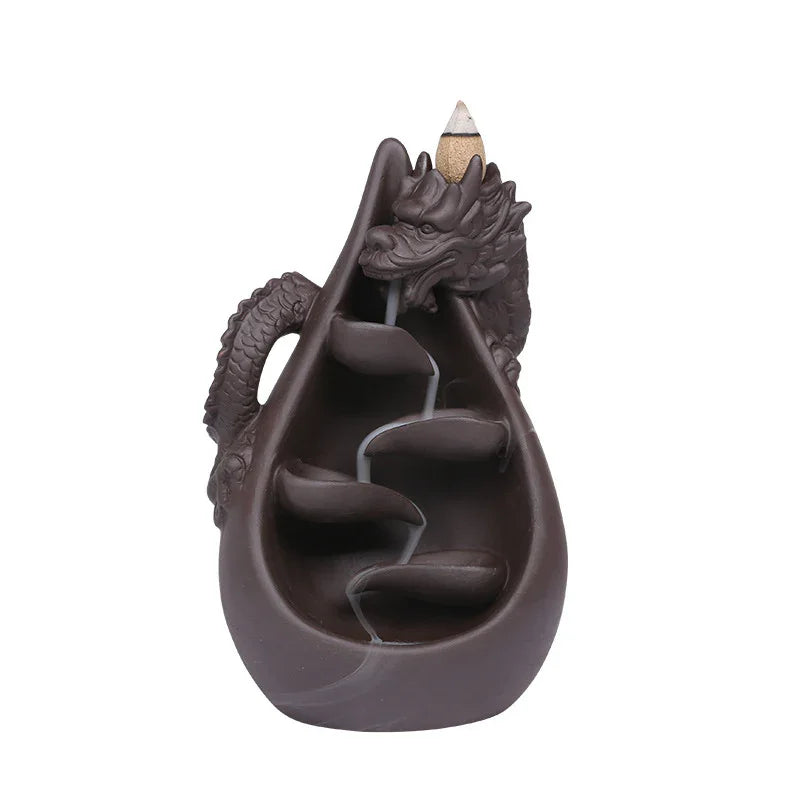 Ceramic dragon backflow incense burner with cone and tiered waterfall design