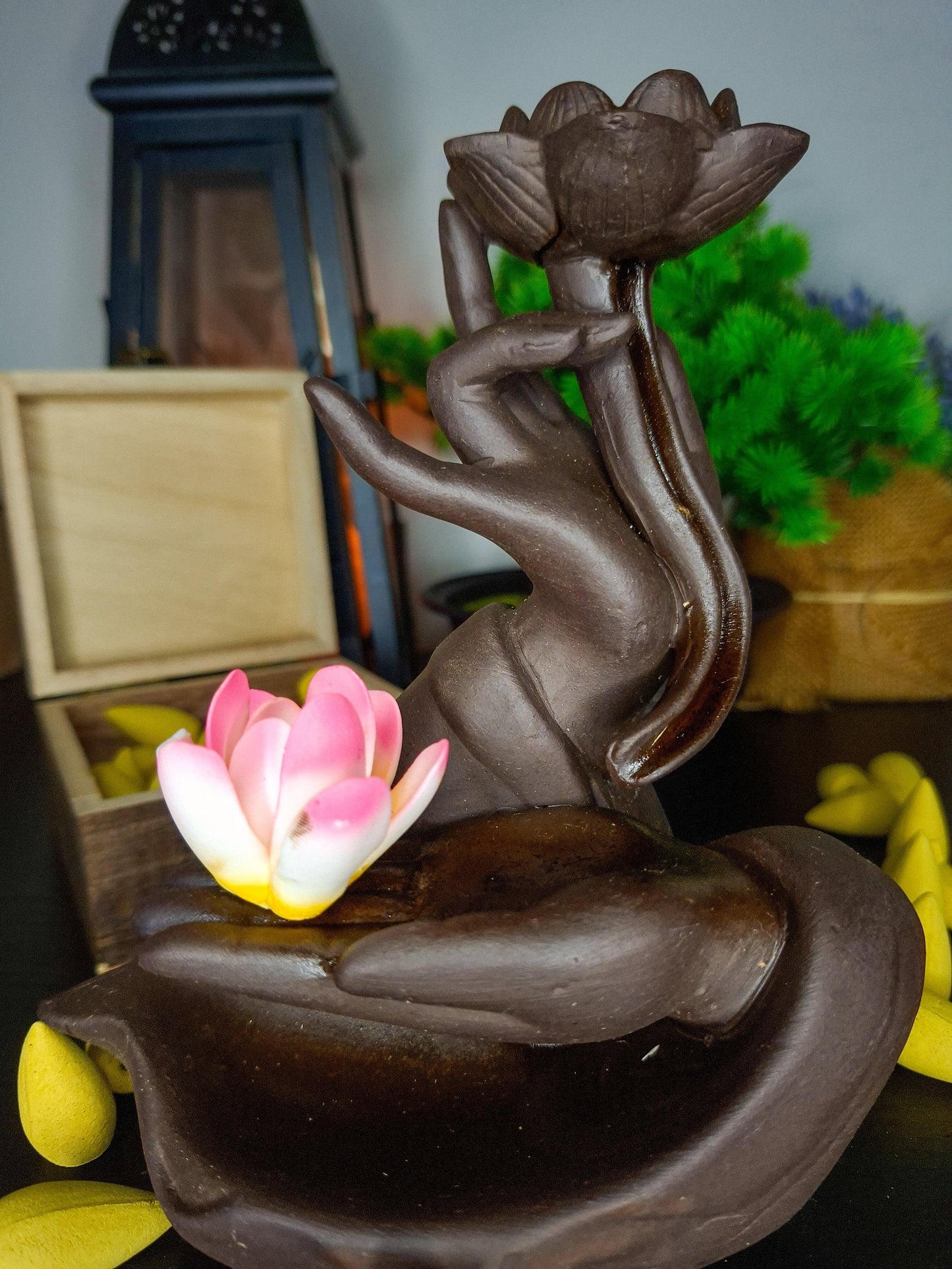 lotus waterfall incense burner purple clay ceramic