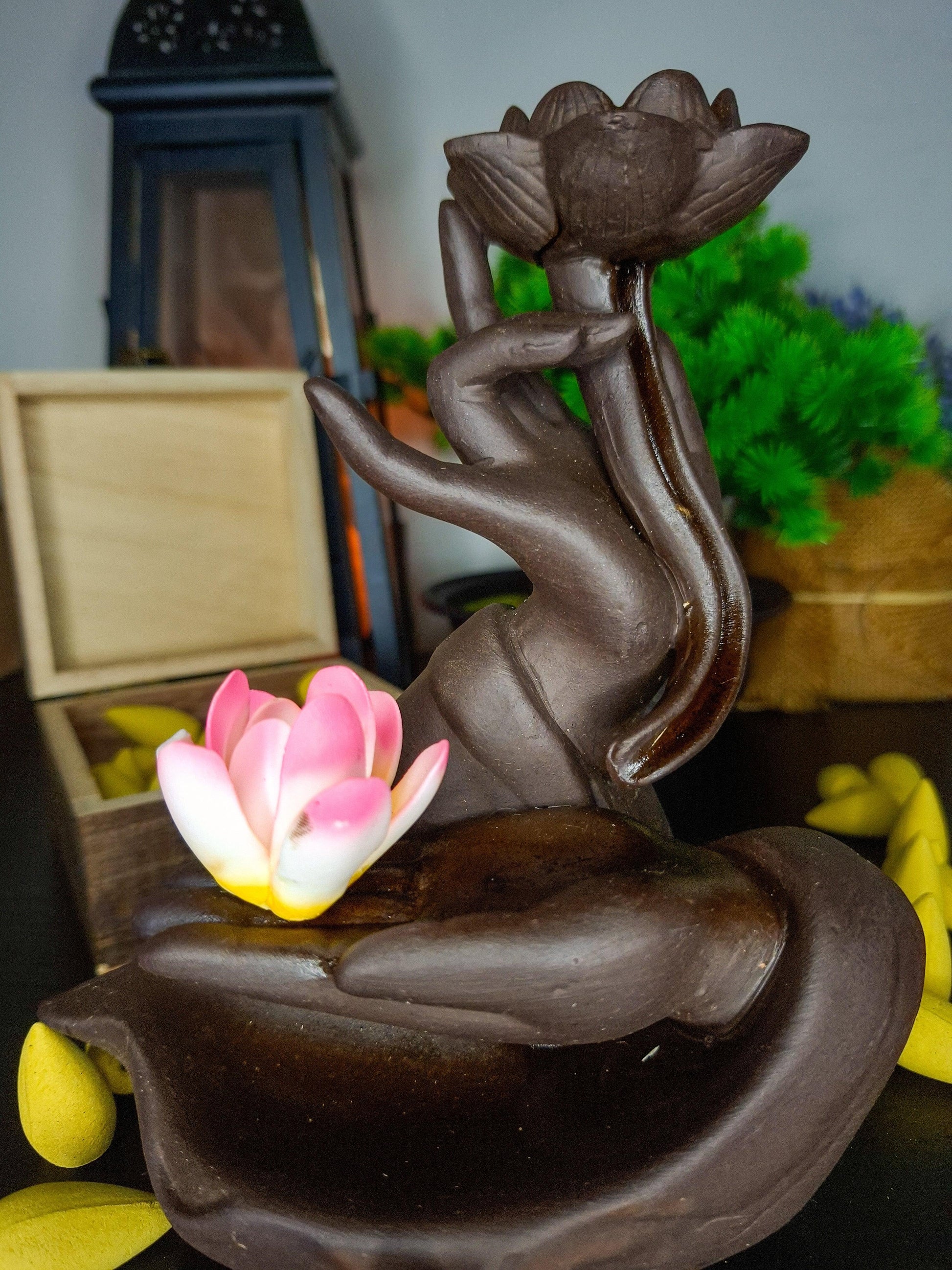 lotus waterfall incense burner purple clay ceramic