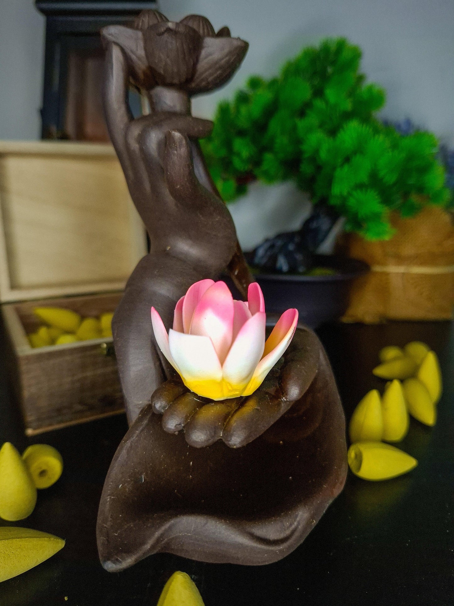 lotus waterfall incense burner purple clay ceramic