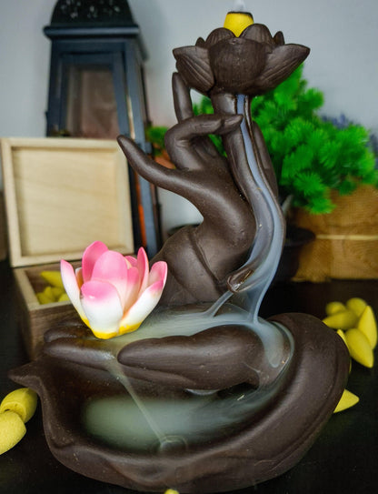 lotus waterfall incense burner purple clay ceramic