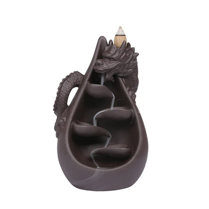 Ceramic dragon backflow incense burner with cone and tiered waterfall design